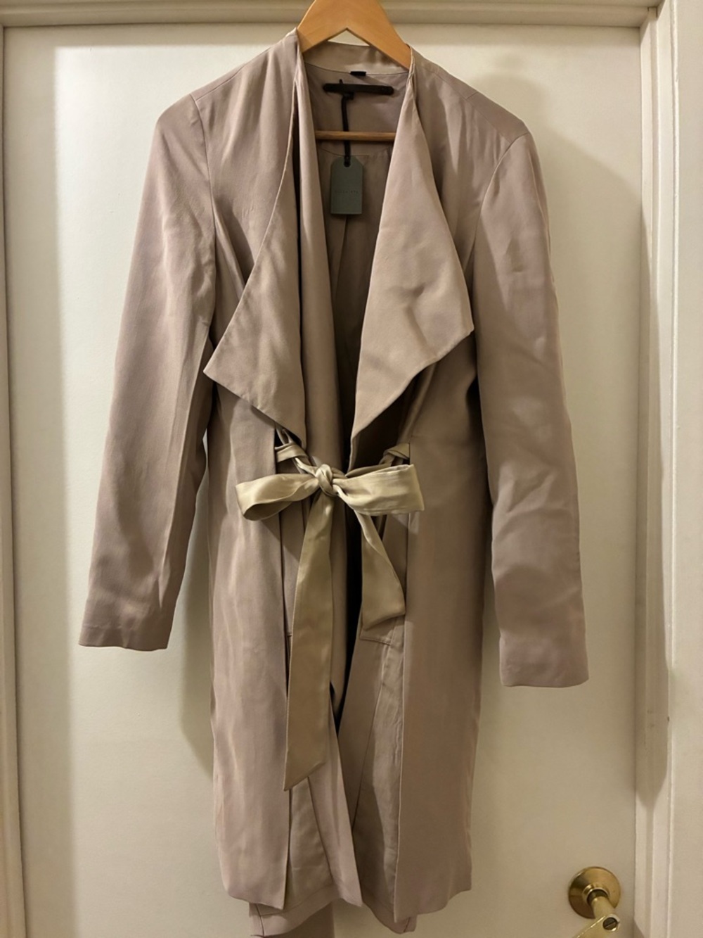 NWT AllSaints Iza Light Sand Drape Front Trench Coat - Women's Size 8 - Picture 2 of 13